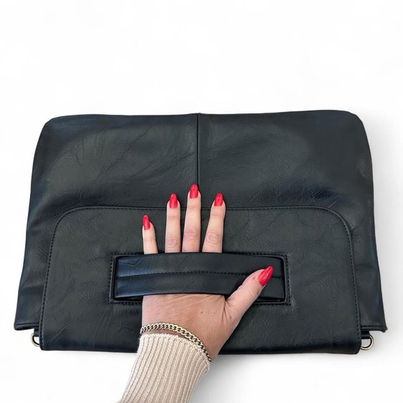 Envelope Clutch Bag Large Wristlet – Black PU Leather – Foldover Style